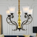 Paneled Bell Frosted Glass Hanging Chandelier Countryside 5 Lights Living Room Ceiling Light in Black and Gold with Swirl Arm