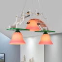 Bridge Chandelier Lighting Cartoon Wood 3-Light White Pendulum Lamp with Bell Pink Glass Shade