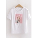 Girls Casual White Letter Space Embroidery Hand Printed Short Sleeve Round Neck Loose T Shirt