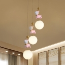 Frosted Glass Orb Cluster Pendant Kids 3 Heads Pink Hanging Light Fixture with Deer Design