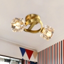 Entwined Cubic Aisle Ceiling Light Modern Crystal 2-Head Brass Flush Mount Lighting Fixture