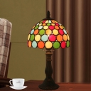 1-Bulb Domed Table Light Tiffany Dark Coffee Hand Cut Glass Nightstand Lighting with Dotted Pattern