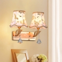 Simple Scalloped Wall Sconce 2 Heads Fabric Wall Light in Gold with Dangling Crystal
