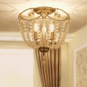 3-Bulb Candle Semi Flush Traditional Gold Crystal Bead Flush Mount Light Fixture for Foyer