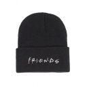 Warm Letter Friends Embroidered Casual Beanie in Black