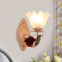 White/Light Brown 1-Bulb Sconce Korean Flower Opal Glass Scalloped Wall Light Fixture for Living Room