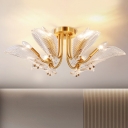 Luxury Leaf Semi Mount Lighting 6 Heads Prismatic Crystal Ceiling Light Fixture in Brass