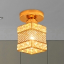 Crystal Cuboid Mini Flush Light Contemporary 1 Head Hallway Ceiling Mount Lamp with Trellis in Gold