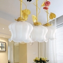 3-Bulb Cluster Pendant Light Pastoral Bloom White Glass Ceiling Lamp in Green with Round/Linear Canopy