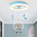 Circle Acrylic Flush Ceiling Light Kids Blue LED Flush Mount Lighting with Dangling Doll and Music Note