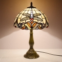 Dome Shape Night Light 1-Head Stained Art Glass Tiffany Nightstand Lighting in Bronze with Dragonfly Pattern