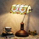 Chrysanths Banker Lamp Tiffany Stained Glass 1 Bulb Dark Brown Table Light with Pull Chain