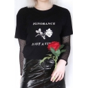 Cool Girls Letter Ignorance Floral Graphic Short Sleeve Crew Neck Loose T Shirt in Black