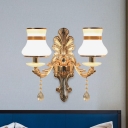 Traditional Urn Shape Wall Lamp 2-Bulb White Glass Wall Mount Light Fixture in Gold