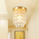 Brass 1 Head Flush Light Minimal Beveled-Cut Crystal Cylindrical Mini Ceiling Mount Lamp