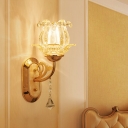Floral Clear Glass Vanity Wall Light Traditional 1/2-Light Bathroom Wall Mounted Lamp in Gold with Crystal Drop