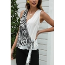Trendy Womens Abstract Stripe Printed Surplice Neck Bow Tie Patched Regular Fit Tank Top