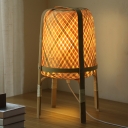 Asian Lantern Quadpod Table Lamp Hand Woven Bamboo Single-Bulb Living Room Night Light in Beige