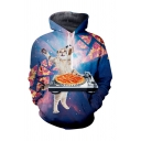 Cute Cat Pizza Patterned Long Sleeve Drawstring Relaxed Fit Hoodie with Pocket