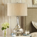 Beige Drum Shade Night Lamp Contemporary 1 Bulb Fabric Table Lighting with Long-Neck Gourd Base