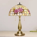 2 Lights Night Table Light Victorian Lattice Bowl Shell Pull Chain Desk Lamp in Gold with Rose Pattern