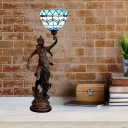 Baroque Bowl Shaped Night Table Lamp 1-Head Stained Glass Desk Lighting in Beige/Blue and White with Resin Woman Base