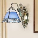 Pyramid Wall Mount Fixture 1 Bulb Blue Glass Mission Style Sconce with Mermaid in Bronze
