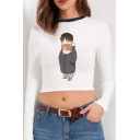 Cute Cartoon Figure Printed Long Sleeve Contrasted Crew Neck Slim Fit Crop T-shirt in White