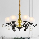 Traditional Swooping Arm Chandelier Lamp 6 Bulbs Metal Ceiling Pendant in Black and Gold with Dome White Glass Shade