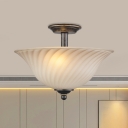 3 Bulbs Semi Flush Mount Country Bedroom Ceiling Light Fixture with Bell Frosted Ribbed Glass Shade in White