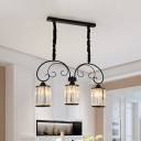 Cylinder Prismatic Crystal Island Pendant Contemporary 3 Lights Restaurant Hanging Lamp with Scroll Wire Top in Black