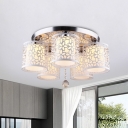 5-Bulb Crystal Ceiling Light Modern Chrome Cylinder Bedroom Flushmount with Dual-Layered Shade
