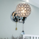 Single Ball Pull-Chain Wall Lamp Simplicity Chrome Cut Crystal Wall Mounted Fixture