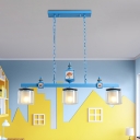 Double Pillar Kitchen Island Light Clear and Frosted Glass 3 Heads Mediterranean Hanging Lamp in Sky/Water Blue