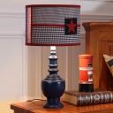 Kids 1-Light Nightstand Lamp Blue Barrel Table Lighting with Checkered Fabric Shade