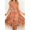 Stylish Womens All over Flower Printed Cowl Neck Mid Pleated A-line Cami Dress in Orange