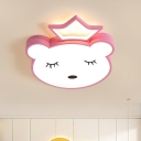 Bear with Crown Flush Mount Light Cartoon Acrylic White/Pink LED Ceiling Flush in Warm/White Light