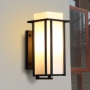 Milky Glass Rectangle Sconce Lamp Rustic 1 Bulb Yard Wall Lighting in Black with Metal Frame