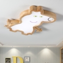 Piggy Flush Mount Ceiling Light Cartoon Wooden White LED Flushmount in Warm/White Light for Child Room