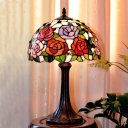Bowl Hand Cut Glass Table Light Mediterranean 1 Bulb Bronze Rose Patterned Night Lighting
