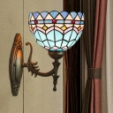 Blue Wave-Pattern Bowl Sconce Baroque 1 Head Stained Art Glass Wall Mounted Light Fixture