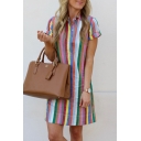 Trendy Womens Stripe Printed Rolled Short Sleeve Turn-down Collar Button up Mini A-line Shirt Top in Pink