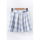 Fancy Girls Plaid Printed Buckle High Waist Mini Pleated A-line Skirt