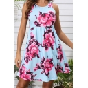 Popular Womens All over Flower Printed Round Neck Short Pleated A-line Tank Dress in Blue