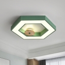 Iron Hexagon Ultra-Thin Flush Mount Lamp Nordic Green/Black/Grey LED Ceiling Flush Light with Wood Accent