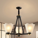 3-Light Frosted Texture Glass Chandelier Country Black Conic Dining Room Hanging Lamp Kit with Wavy Design