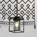 Water Glass Cylindrical Pendant Light Rustic 1 Head Dining Table Suspension Lamp with Black Cuboid Cage