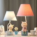 Cone Bedroom Desk Lamp Fabric 1 Head Kids Nightstand Lighting in White/Pink with Resin Girl Decoration