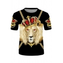 Cool Mens Black Lion Crown Chain 3D Patterned Short Sleeve Crew Neck Loose T Shirt