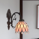 1 Head Dining Room Wall Light Tiffany Bronze Sconce with Bell Diamond-Cut Glass Shade and Crystal Fringe